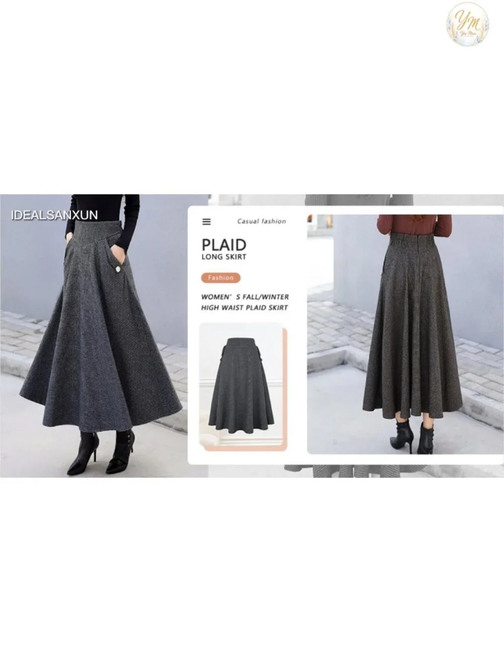 High Waisted Wool Plaid A-Line Long Skirt with Side Elastic Waistband
